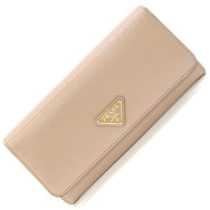 Prada Bi fold Long Wallet Beige Leather Triangle Logo